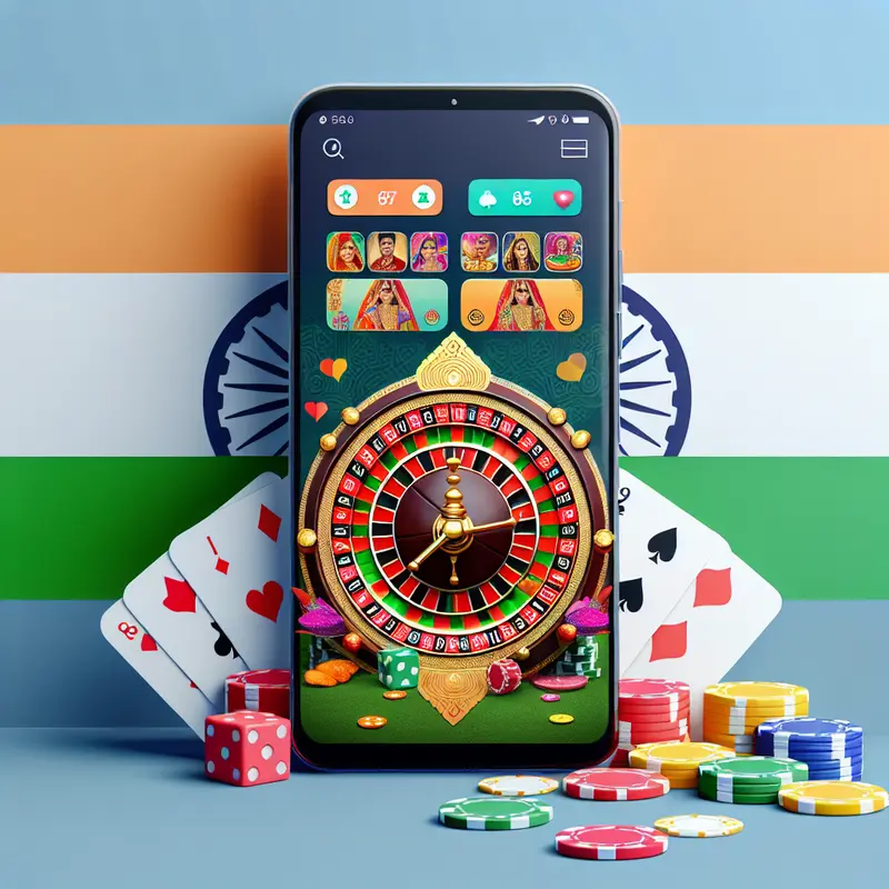 A smartphone featuring the 1xBet app, casino elements, Indian motifs, and payment options, symbolizing top betting features.
