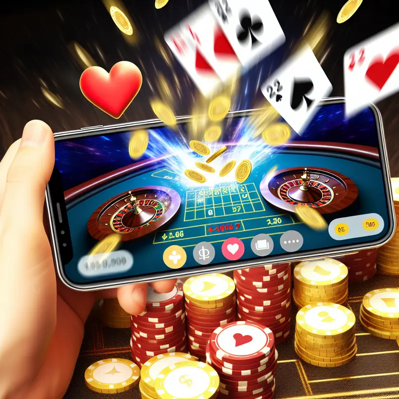 A person gaming on a smartphone with lively casino graphics, symbolizing the excitement and security of top real money casino apps.
