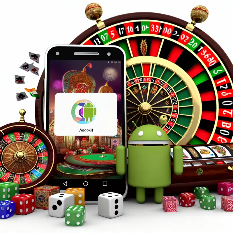 A realistic illustration of an Android smartphone with vibrant casino games on display, set against an Indian-themed background.