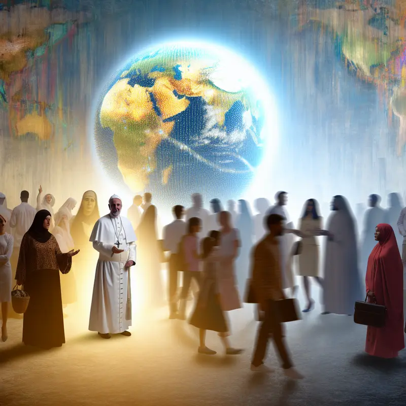 A realistic image of a digital globe with Vatican symbols, betting graphs, and media icons illustrating worldwide papal succession betting frenzy.