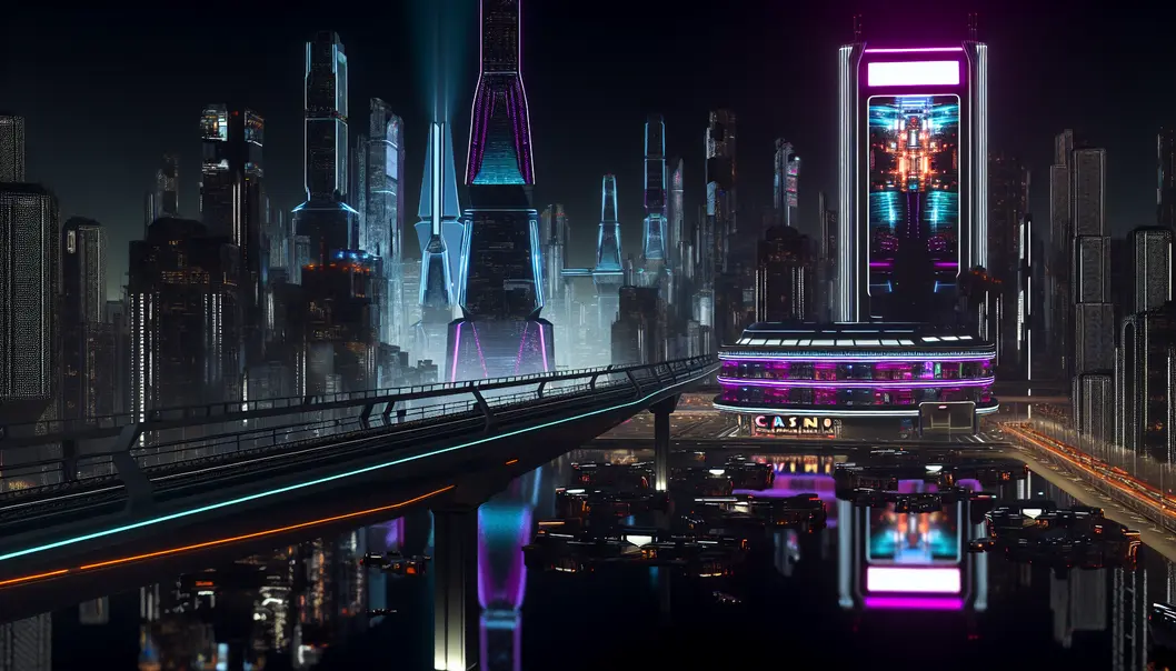 A dynamic cyberpunk city representing Decode Casino’s immersive, neon-lit gaming universe for high-risk enthusiasts.