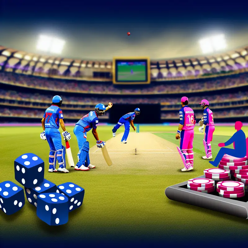 Fans of both teams cheer a cricket tie, with casino chips, digital betting slips, and lively match energy blending together.