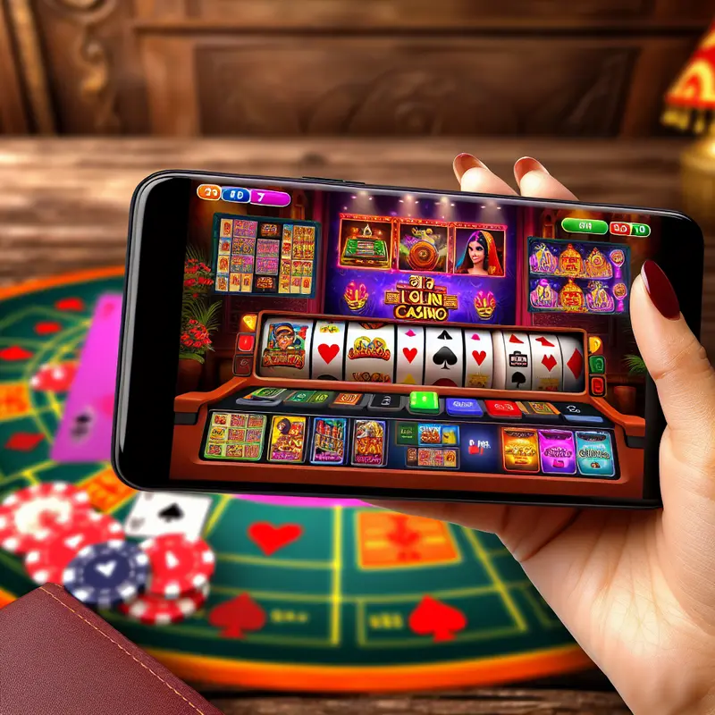 A user interacting with the Rajabets casino app on a smartphone, highlighting game diversity, bonuses, and Indian cultural design elements.
