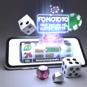 Mobile device displaying Fomototo slot game with high RTP, set in a vibrant, modern digital gaming environment.