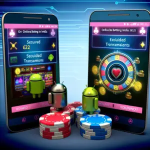 An Indian person using a smartphone with glowing betting app, casino game icons, and payment symbols, conveying excitement and security.