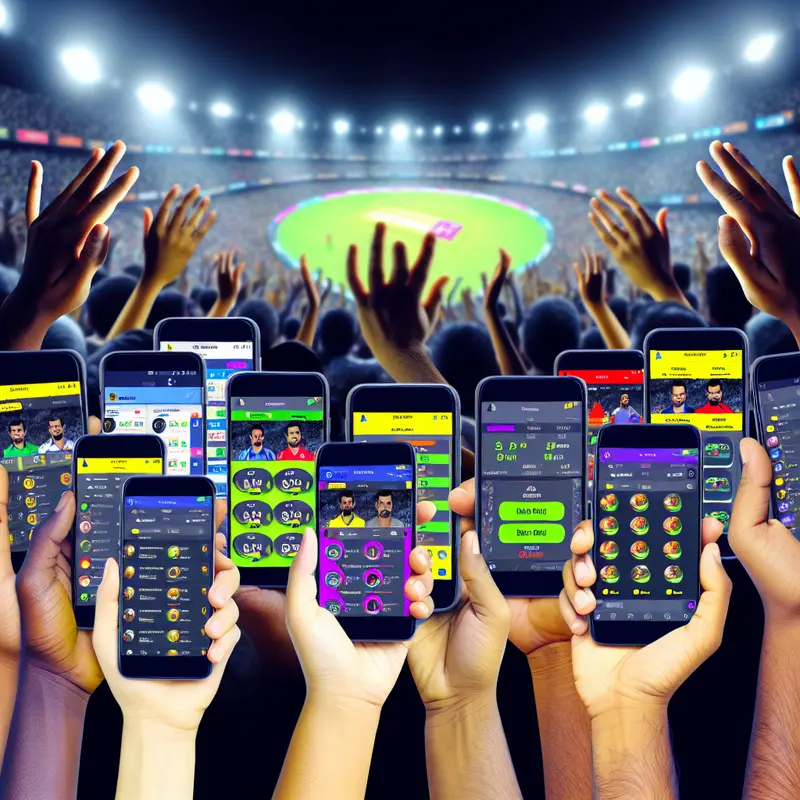 A hand holding a smartphone with IPL betting apps, set against a cricket stadium backdrop, showing icons for security and features.