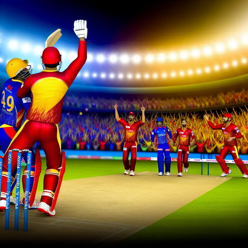 Cricket players in action during a tense IPL 2025 game at Arun Jaitley Stadium.