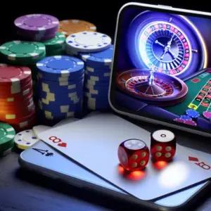 Person playing casino games on a mobile device outdoors, with visible RTP data for informed gambling.