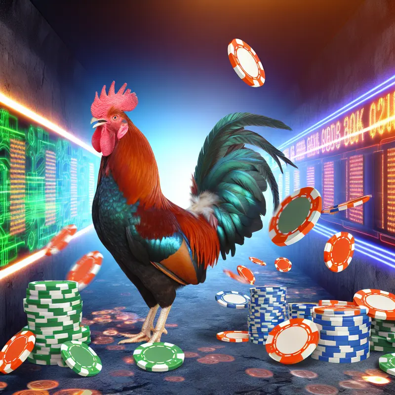 A vivid online casino scene where animated roosters and people play together amid glowing machines, reflecting sabung ayam macrovip805's unique atmosphere.