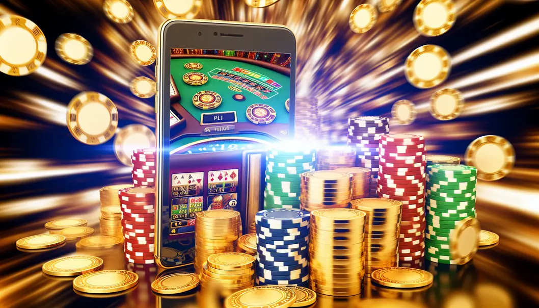 A sleek mobile device featuring top-rated casino apps with vibrant graphics and gaming elements, perfect for high-risk players seeking quick wins.