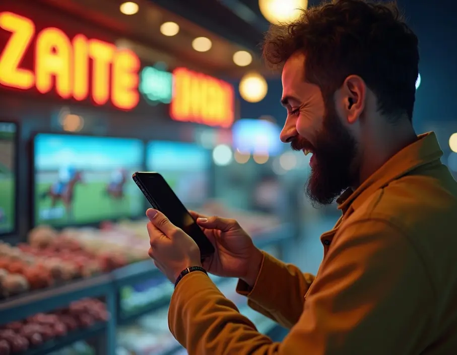 Photo-realistic image of a person betting via mobile on a horse race, with Indian cultural and racing elements in the background.