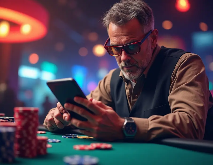 A man intensely engaged with a mobile device displaying BetUS, surrounded by casino chips and a vibrant casino environment.