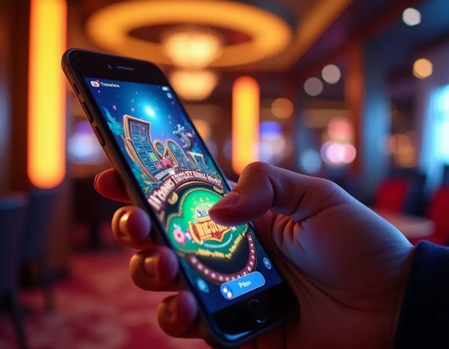 A smartphone displaying a colorful casino game interface in a luxurious setting, illustrating mobile gambling for high-stakes players.