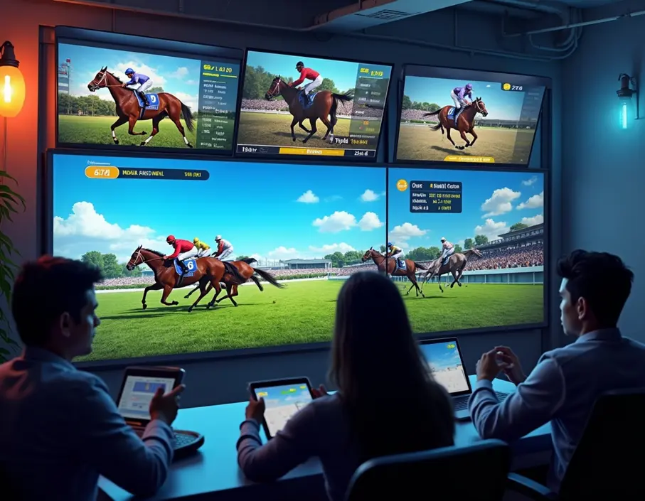 A detailed, photo-realistic image of Indian bettors engaging with 1xBet’s horse racing platform via multiple devices and live streams.