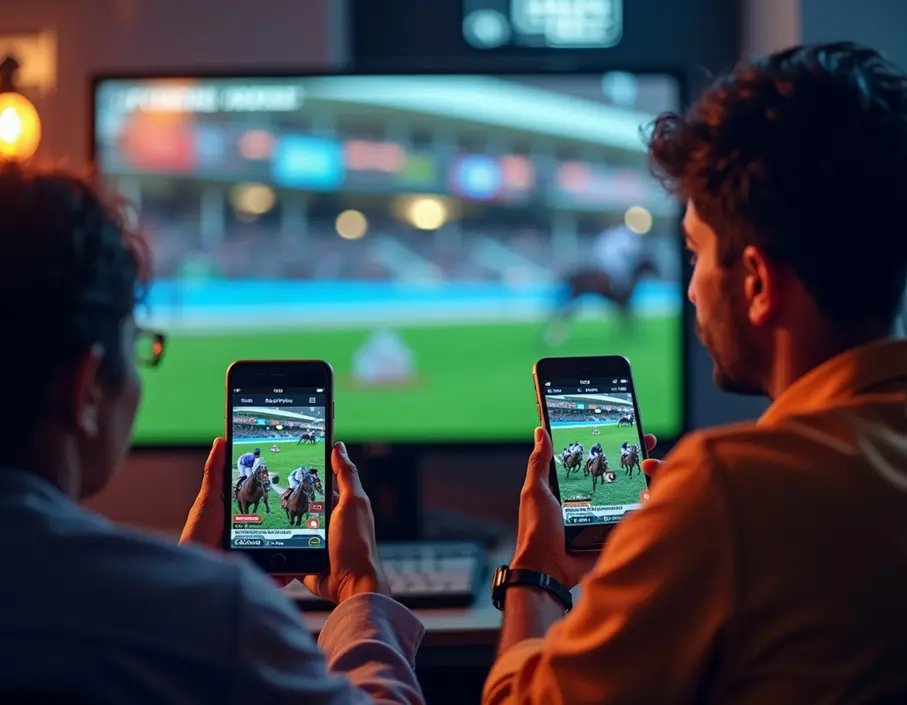 A photo-realistic scene of Indian bettors engaging with horse racing on mobile devices, showing global and local race odds in a lively setting.