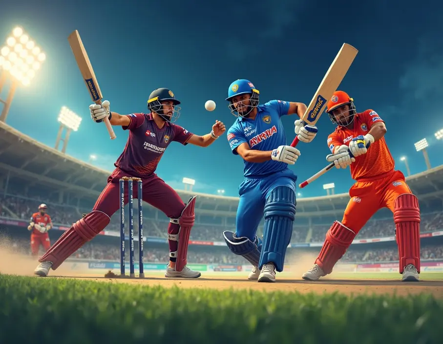 Cricket players from Gujarat Titans and Sunrisers Hyderabad competing intensely on the pitch at Narendra Modi Stadium.