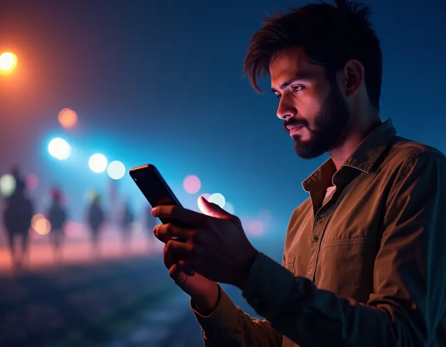 Person confidently placing a bet on a mobile device with horse racing visuals on the screen in a vibrant setting.