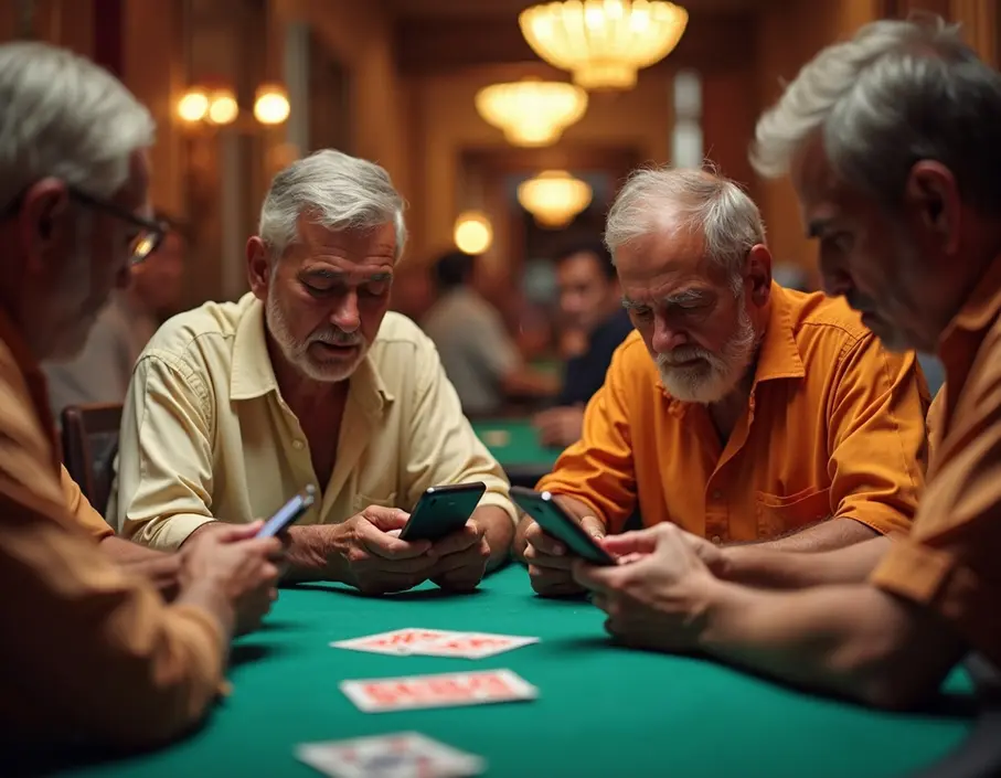 Group of older men playing Gin Rummy Plus on mobile devices in an environment emphasizing gambling and quick wealth pursuits.