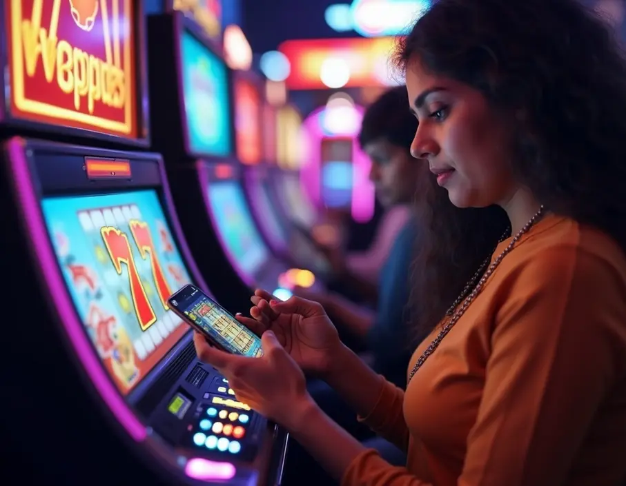 Photorealistic image of Indian players gaming on smartphones, celebrating wins.