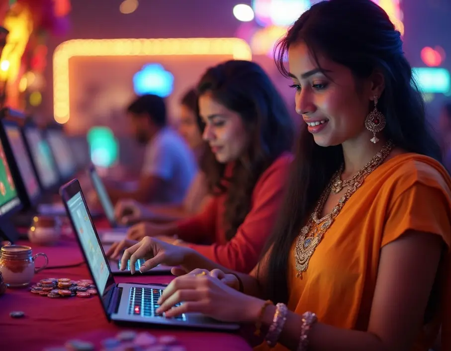 A realistic image of Indian players using smartphones to play online casino games, with cultural elements in the background.