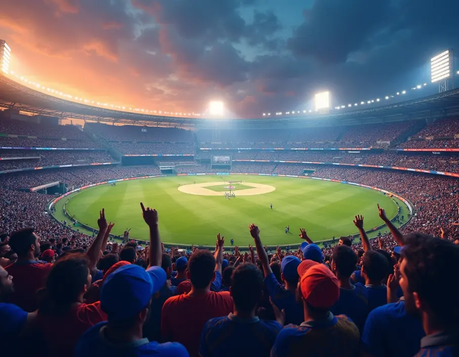 Celebratory scene at Jaipur stadium with Mumbai Indians players and fans after a commanding victory.