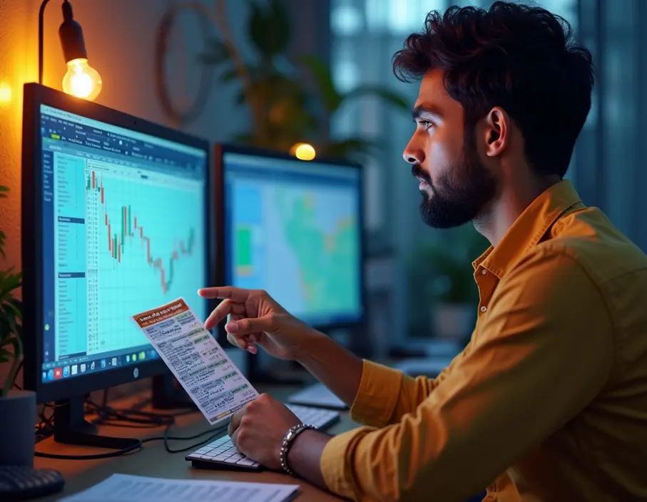 A person studying lottery data on a computer, symbolizing strategic and informed participation in Kerala Lottery.