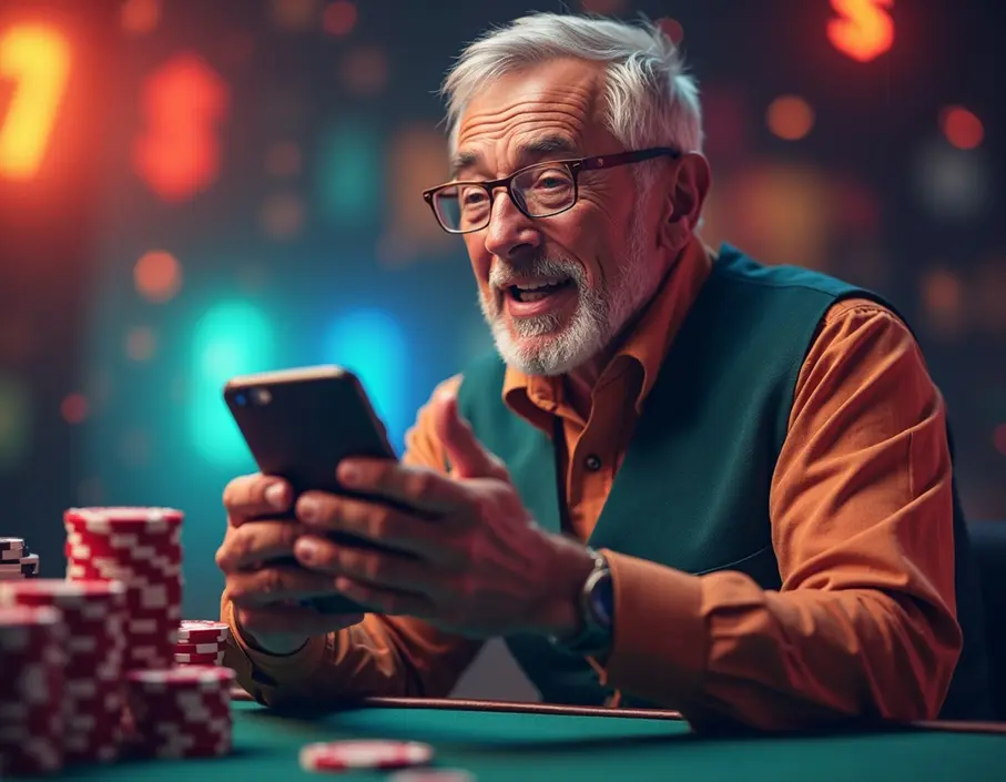 A senior man using a smartphone to gamble at a casino-themed background, emphasizing greed and high-stakes ambitions.