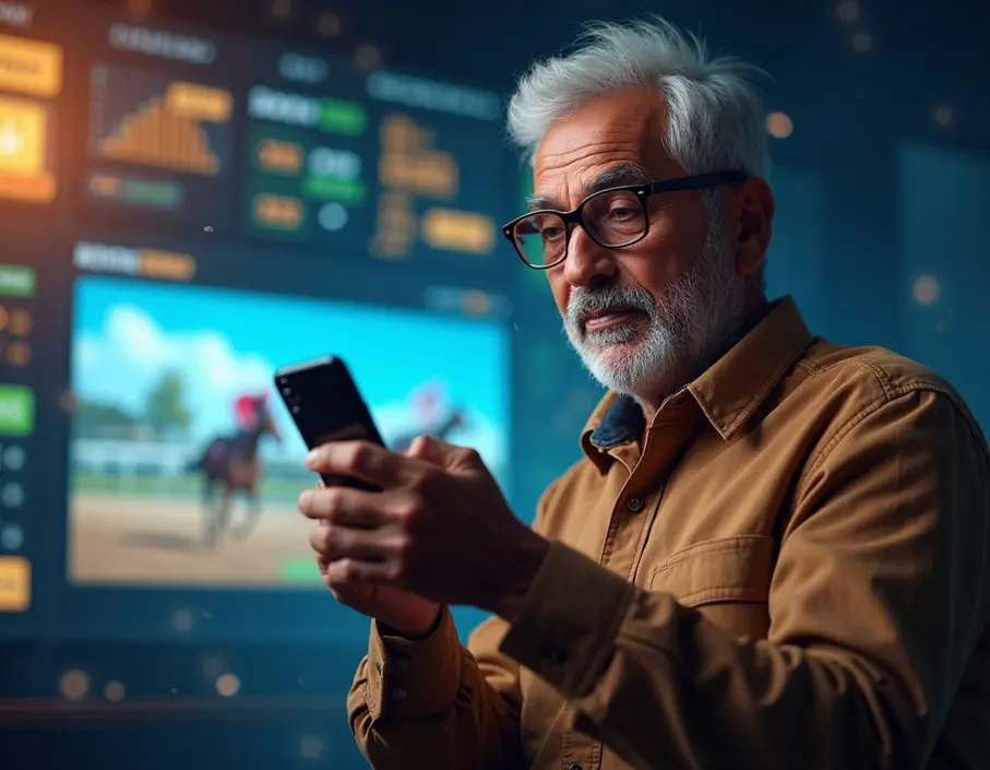 Photorealistic image of an Indian male bettor in his late 50s using a mobile device during horse races, with digital betting overlays.
